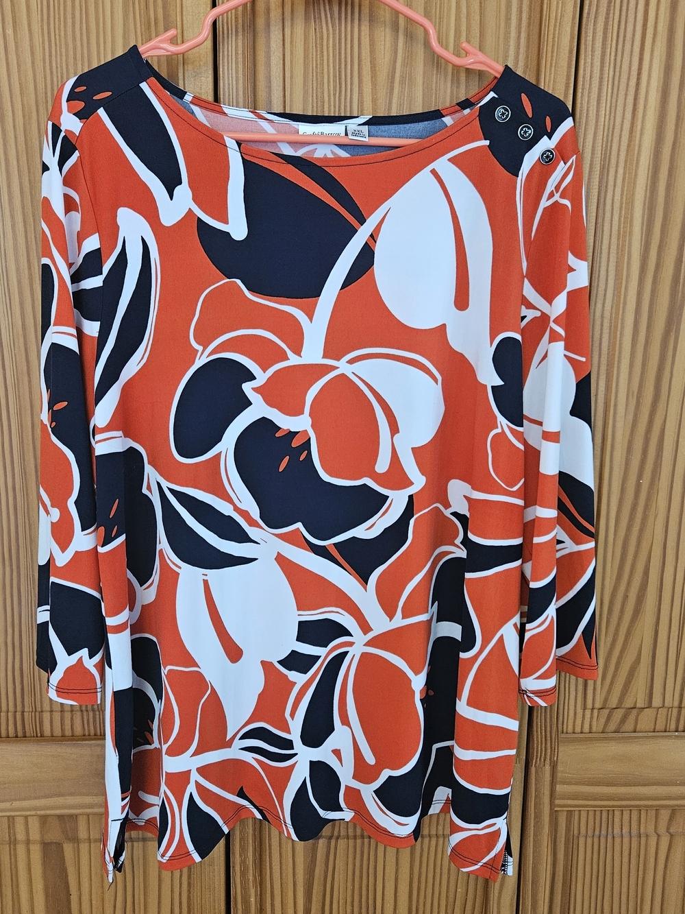 croft & barrow Orange, Black & White XXL Floral Boatneck Long Sleeve Top